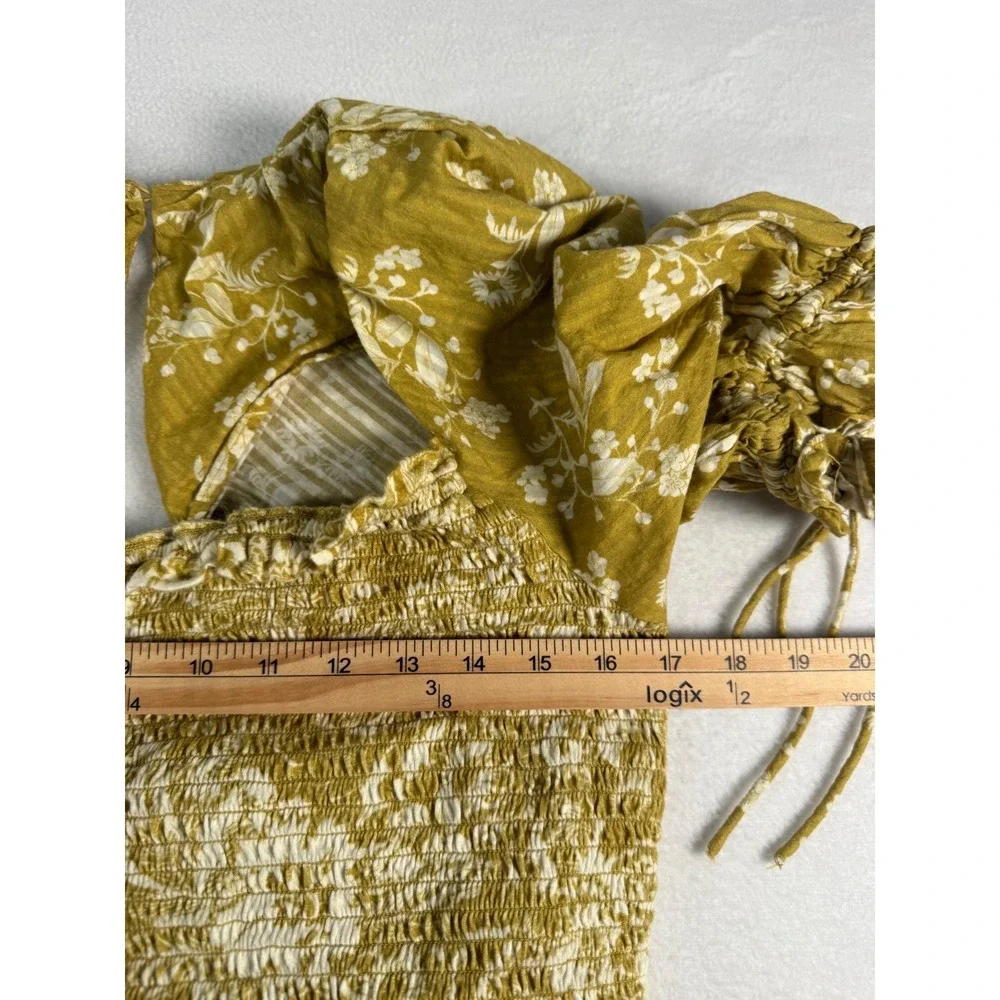 Anthropologie Floral Smocked Blouse Womens XL Yellow Cotton Boho Puff Sleeve Top